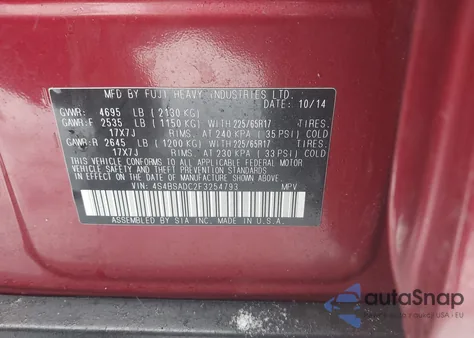 2015 Subaru Outback 2.5I Premium from USA, damaged, VIN 4S4BSADC2F3254793